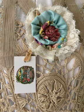 Handmade Blue and Cream Fabric Flower Jabot Brooch Choker Necklace